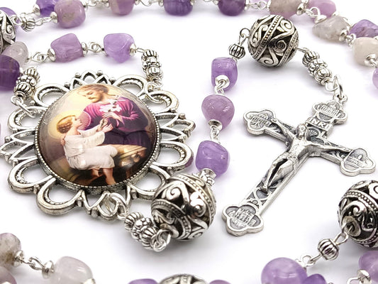 Saint Joseph unique rosary beads with lilac agate gemstone beads, silver crucifix, pater beads and picture centre medal.