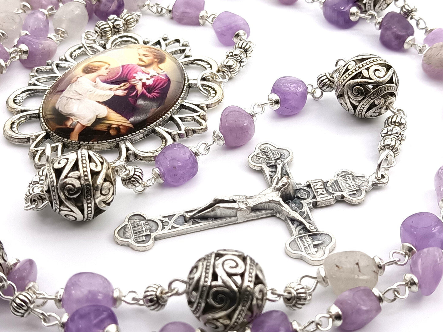 Saint Joseph unique rosary beads with lilac agate gemstone beads, silver crucifix, pater beads and picture centre medal.