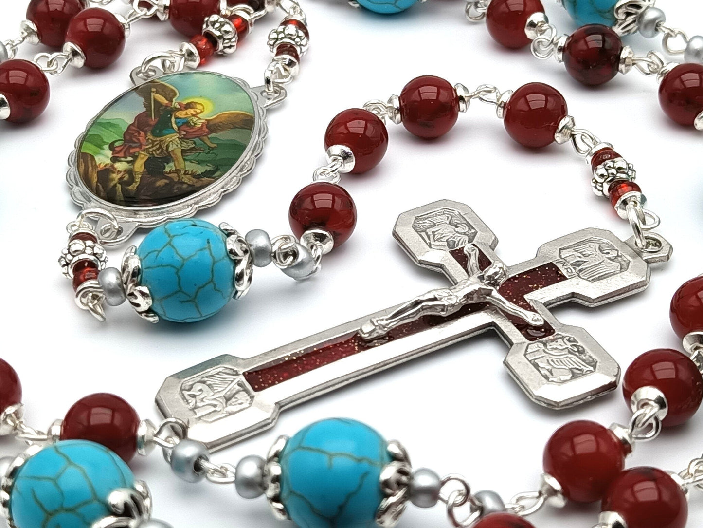 Saint Michael unique rosary beads prayer chaplet with red and turquoise gemstone beads, silver and red crucifix and silver picture centre medal.