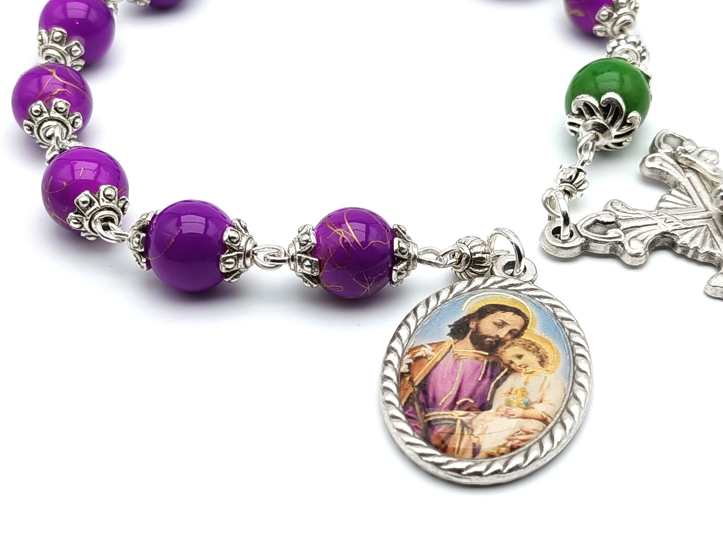Saint Joseph unique rosary beads single decade with purple glass beads, silver crucifix and picture centre medal and green glass pater bead.
