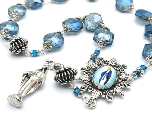 Immaculate Conception unique rosary beads prayer chaplet with blue faceted crystal beads, silver picture centre medal and statue medal of Our Lady.