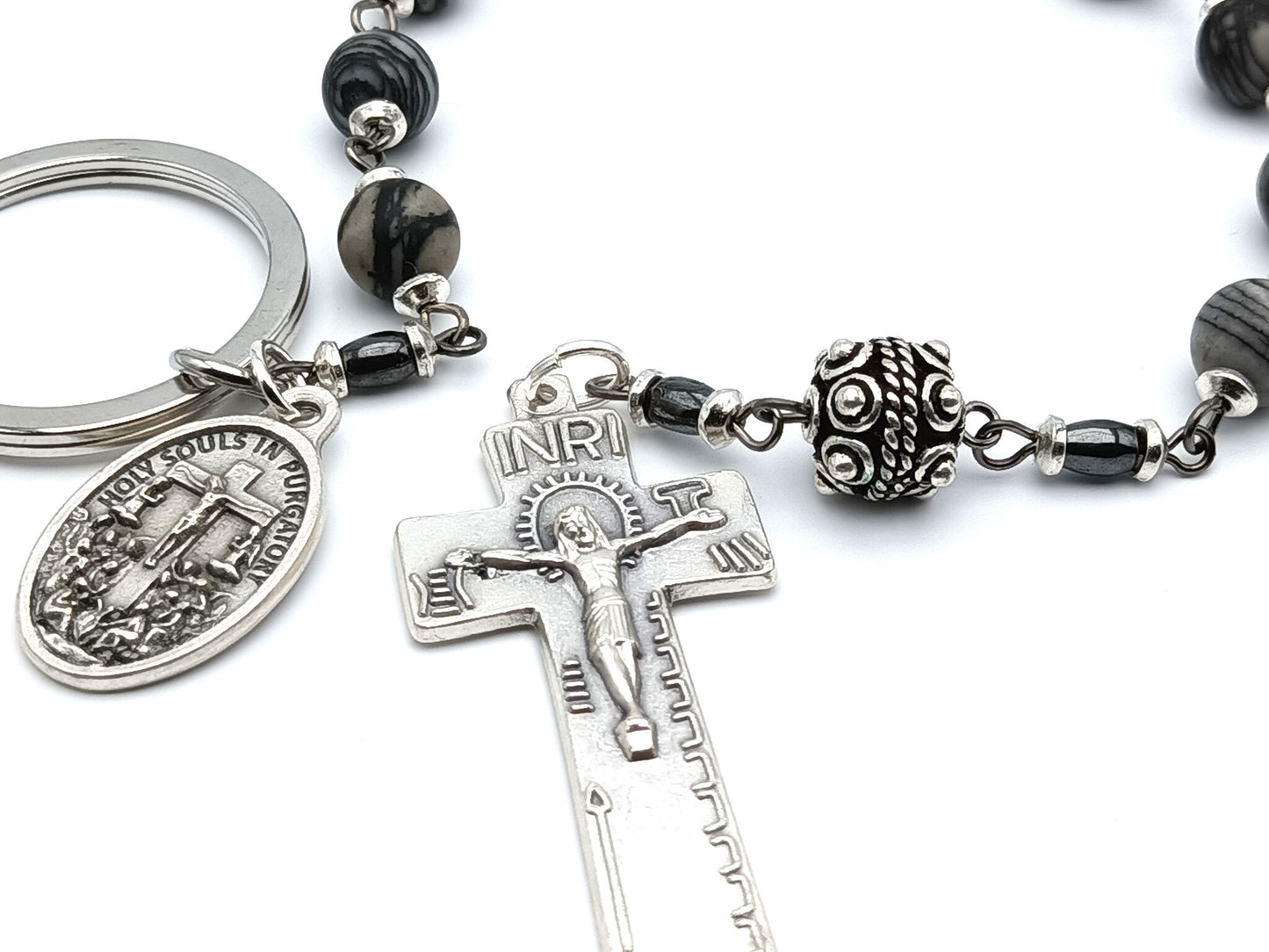 Holy Souls unique rosary beads single decade or tenner with black and grey gemstone beads, silver penal crucifix and holy souls medal.