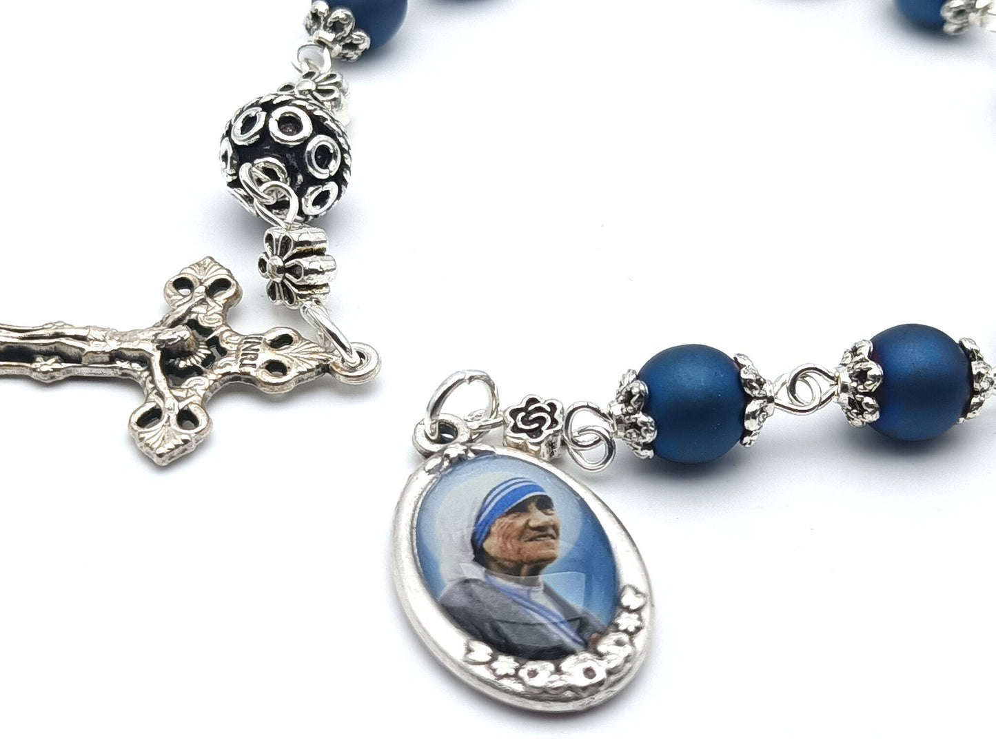 Saint Mother Theresa unique rosary beads single decade or tenner rosary with blue beads, silver bead caps, picture medal, pater bead and filigree crucifix.
