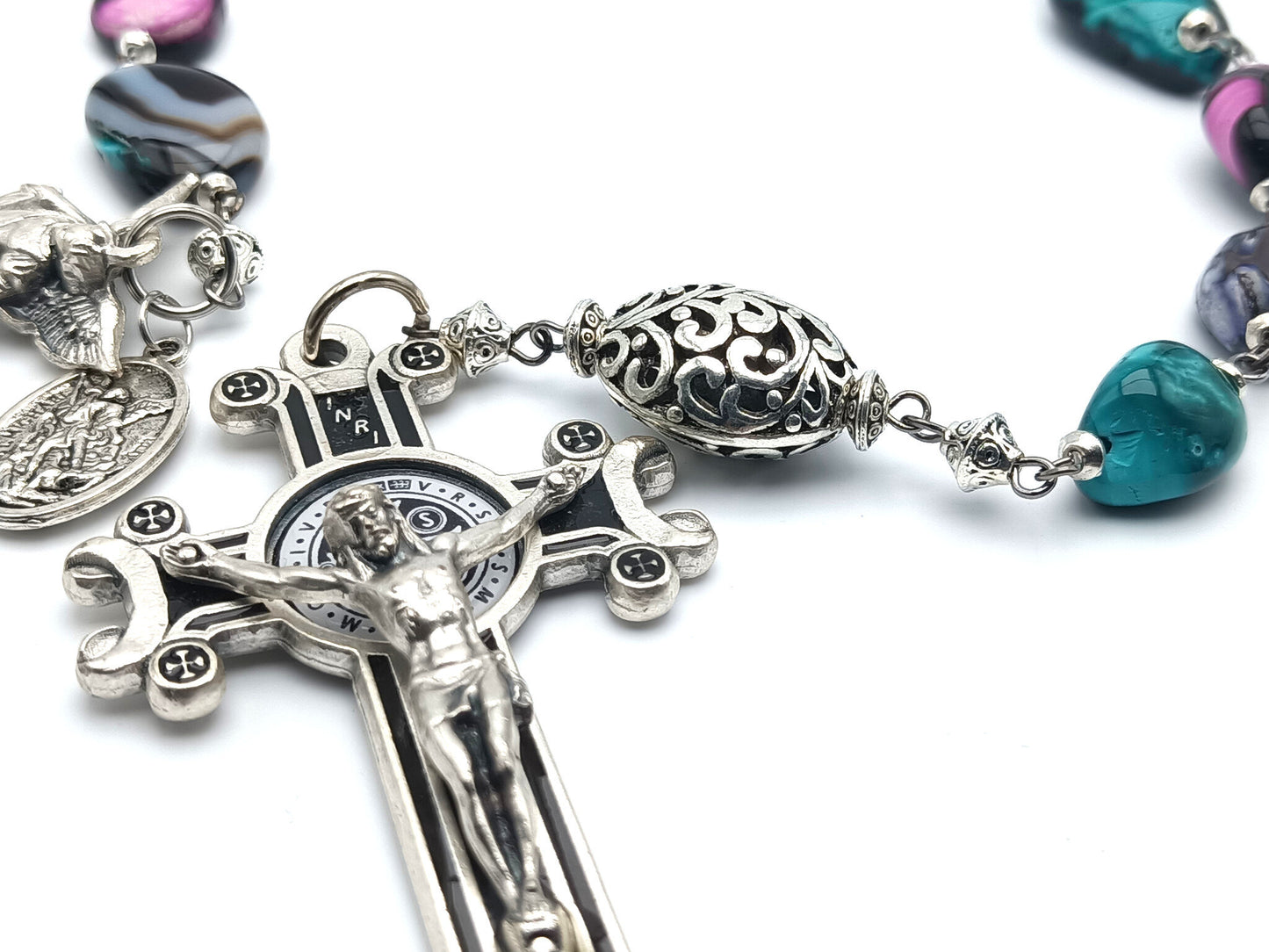 Saint Michael unique rosary beads single decade or tenner rosary with multi coloured gemstone beads, silver Saint Benedict crucifix, pater bead and statue Saint Michael medal.