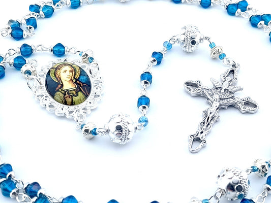 Angel Gabriel unique rosary beads with blue glass beads, silver pater beads, Holy Spirit crucifix and picture centre medal.