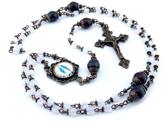 Our Lady of Grace unique rosary beads with white heart glass beads, deep red jade gemstone pater beads, bronze crucifix, picture centre medal and bead caps.
