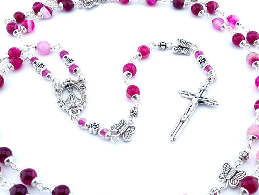 Our Lady of Loretto unique rosary beads with pink agate gemstone beads, silver butterfly pater beads, crucifix and centre medal.