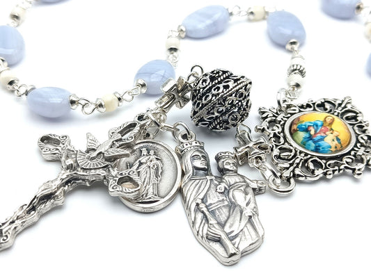 Saint Dom Bosco and Our Lady Help of Christians unique rosary beads single decade or tenner rosary with lace agate gemstone beads, silver pater bead, Holy Spirit crucifix, picture centre medal and end medals.