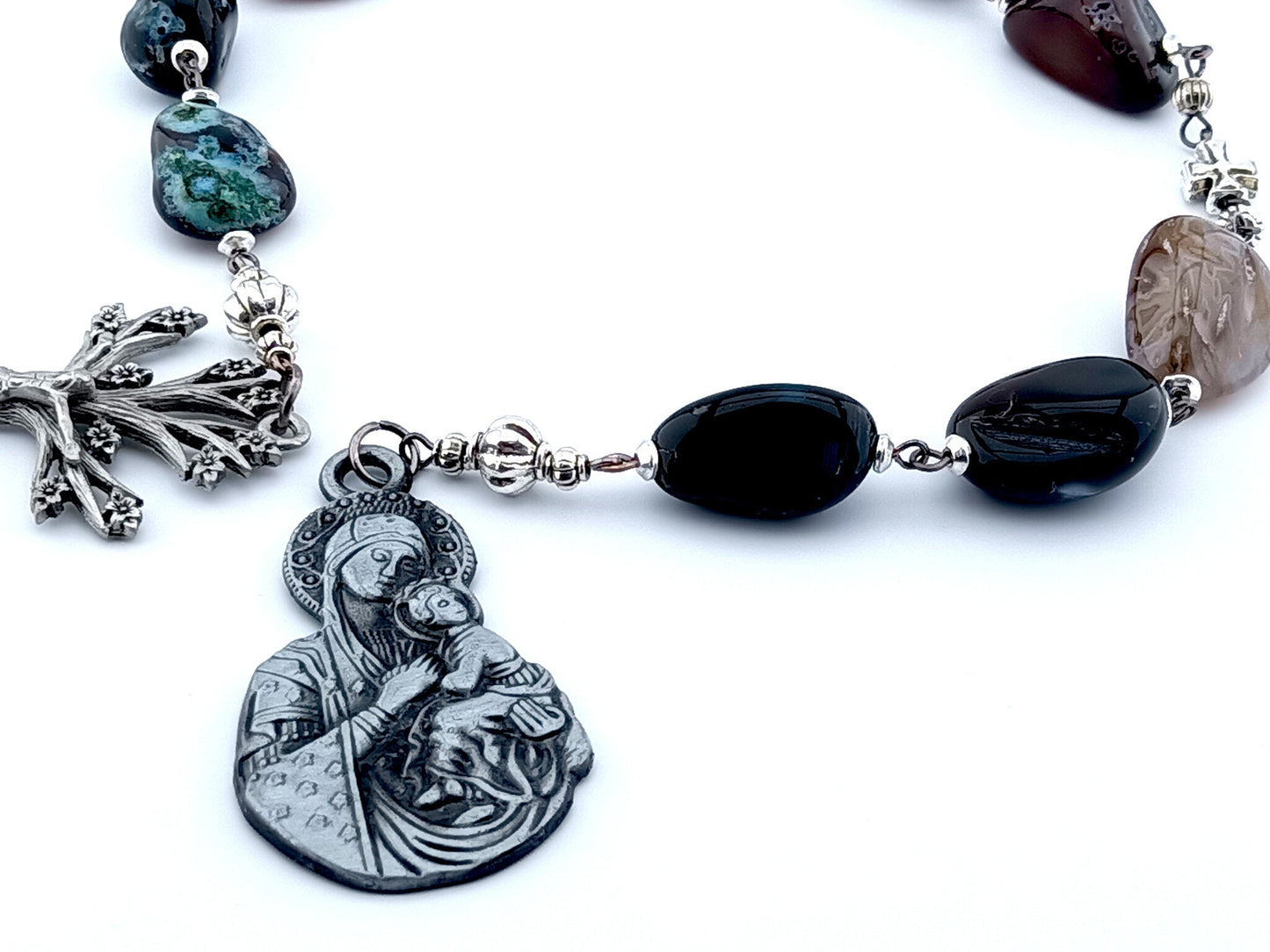 Our Lady of Perpetual Help unique rosary beads prayer chaplet with agate gemstone beads, pewter tree of life crucifix and large end medal.