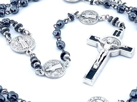 Saint Benedict unique rosary beads with glass nugget and hematite beads, silver and black enamel crucifix and centre medal.