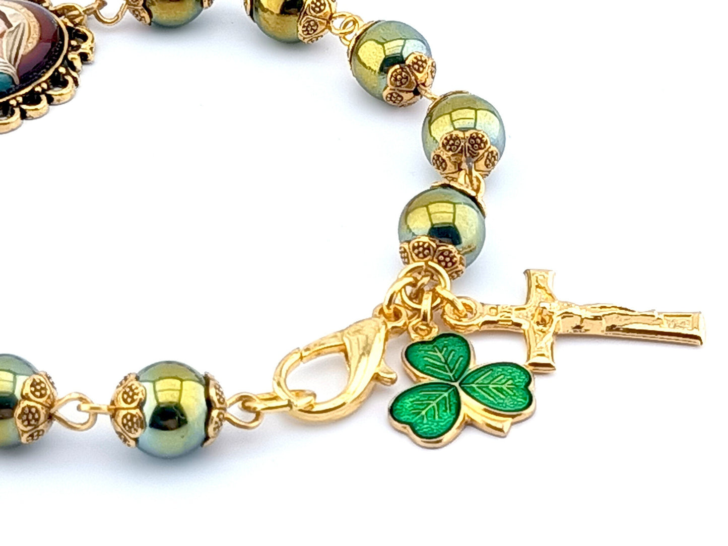 Our Lady of Sorrows unique rosary beads single decade bracelet with green hemitite beads, golden bead caps, crucifix, lobster clasp and picture medal.