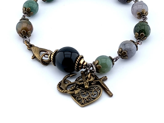 Faith Hope and Charity unique rosary beads single decade bracelet with gemstone and onyx beads, bronze bead caps, medals and lobster clasp.