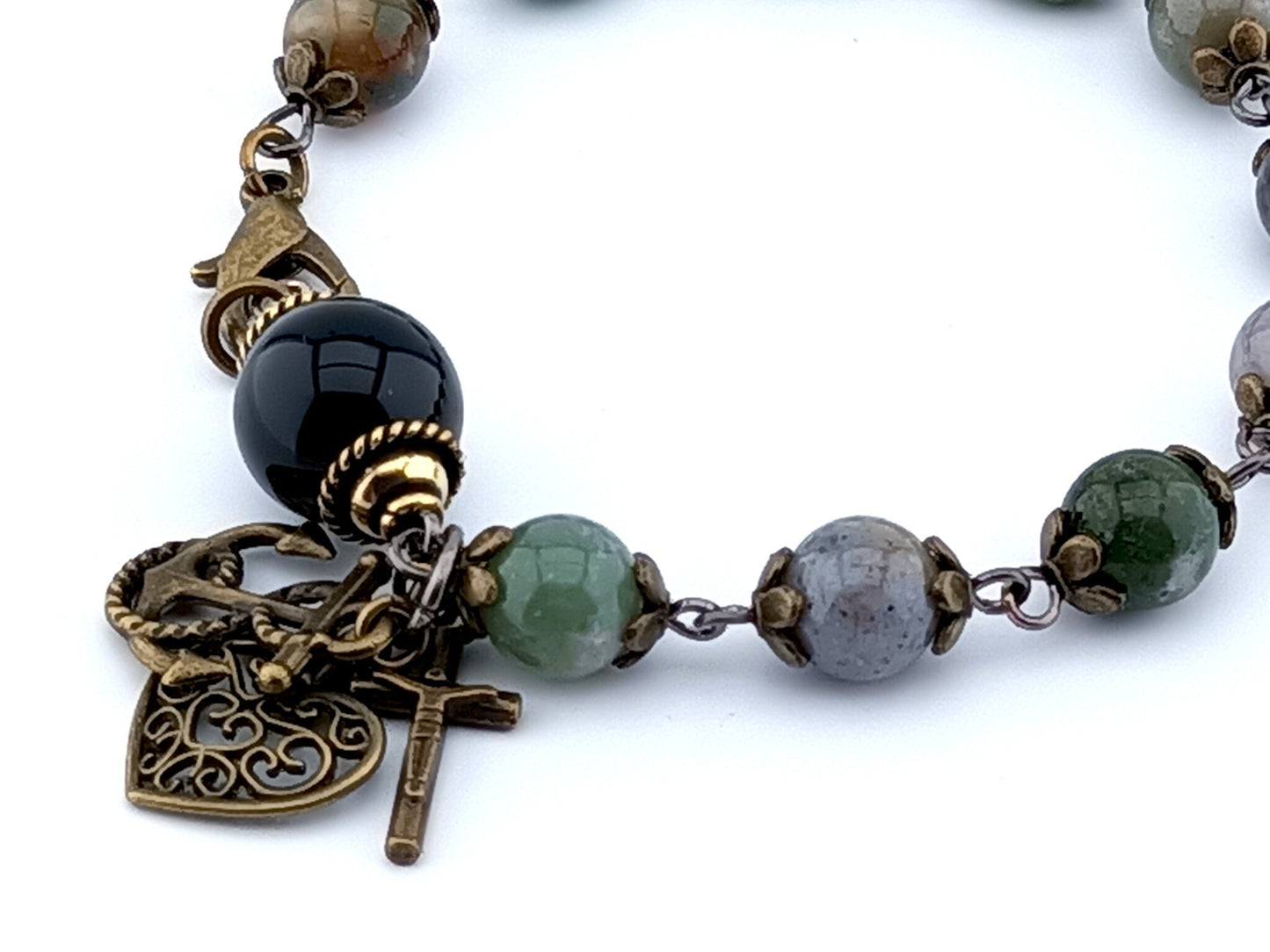 Faith Hope and Charity unique rosary beads single decade bracelet with gemstone and onyx beads, bronze bead caps, medals and lobster clasp.