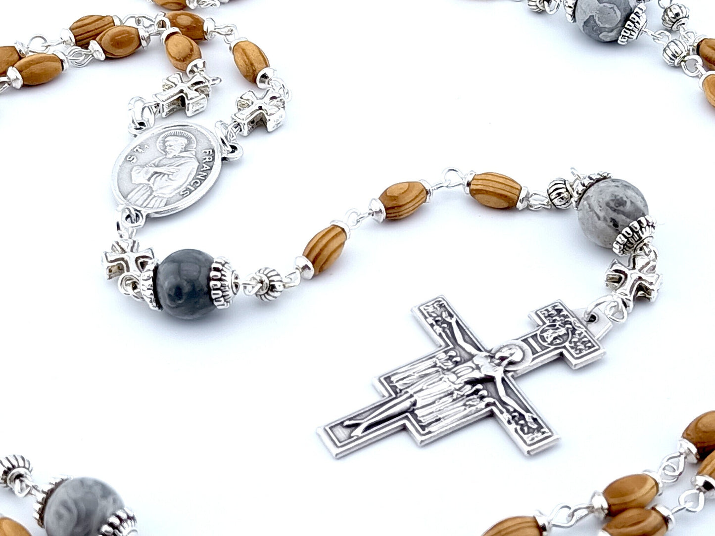 Saint Anthony and Saint Francis wood and gemstone rosary prayer beads with St Francis of Assisi crucifix.