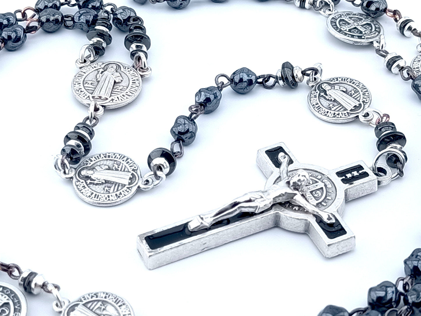 Saint Benedict unique rosary beads with glass nugget and hematite beads, silver and black enamel crucifix and centre medal.