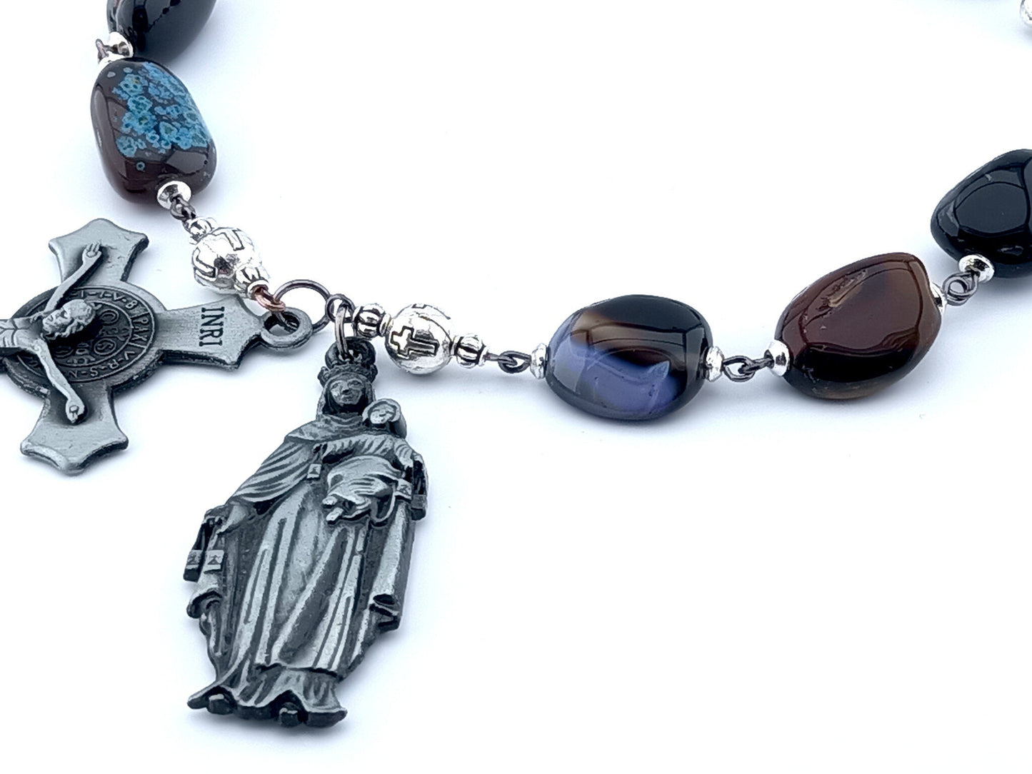 Our Lady of Mount Carmel unique rosary beads prayer chaplet with agate nugget beads, pewter crucifix and Our Lady end medal.