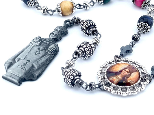 Infant of Prague unique rosary beads prayer chaplet with multicoloured tigers eye gemstone beads, silver bead caps, picture centre medal and pewter Infant of Prague end medal.