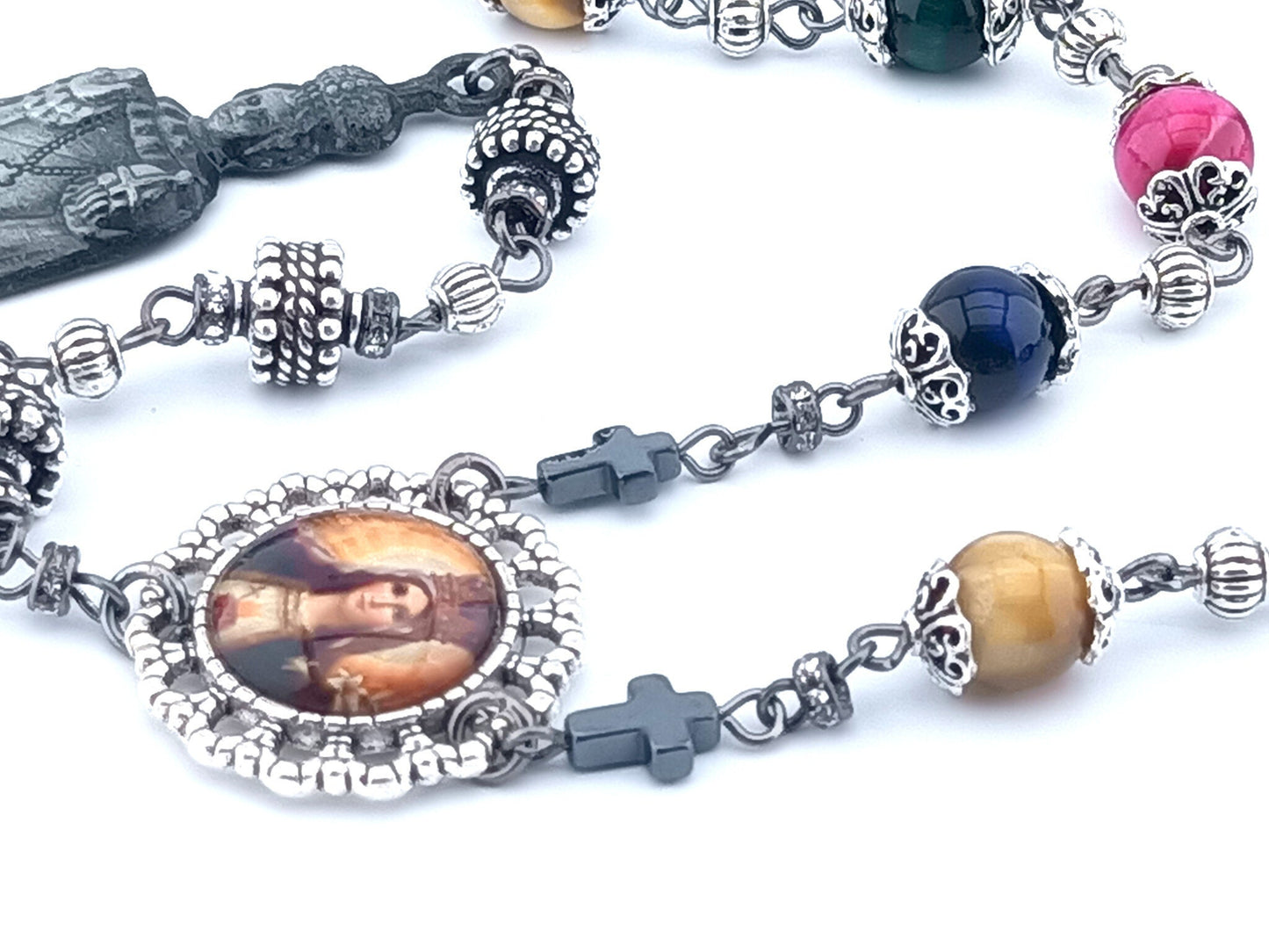 Infant of Prague unique rosary beads prayer chaplet with multicoloured tigers eye gemstone beads, silver bead caps, picture centre medal and pewter Infant of Prague end medal.