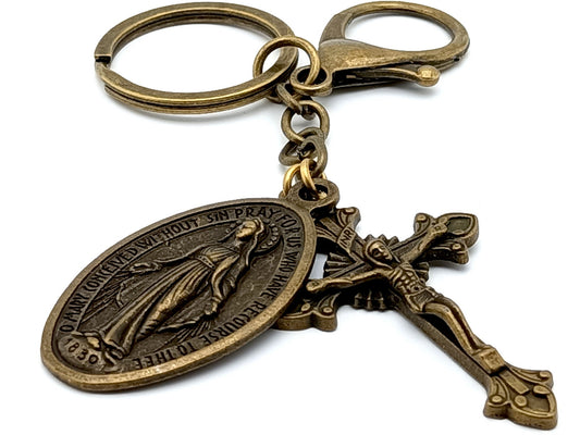 Brass Miraculous medal unique rosary beads Catholic key fob clip.