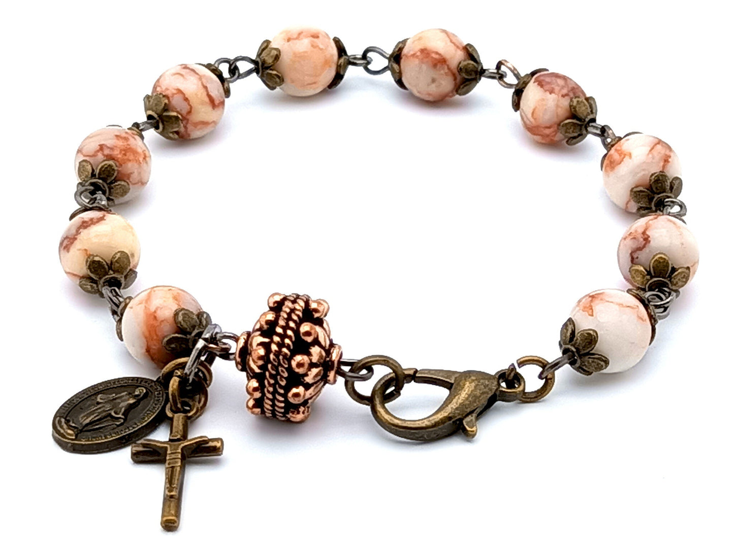 Miraculous medal unique rosary beads single decade rosary bracelet with dragon blood gemstone beads, bronze crucifix, medal and lobster clasp.