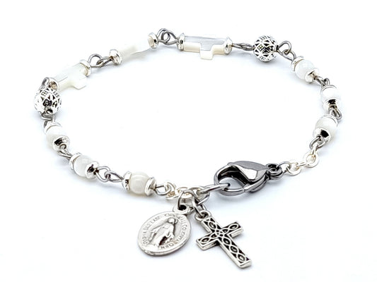 Three Hail Mary unique rosary beads prayer beads bracelet with mother of pearl and silver beads, stainless steel clasp, silver cross and miraculous medal.