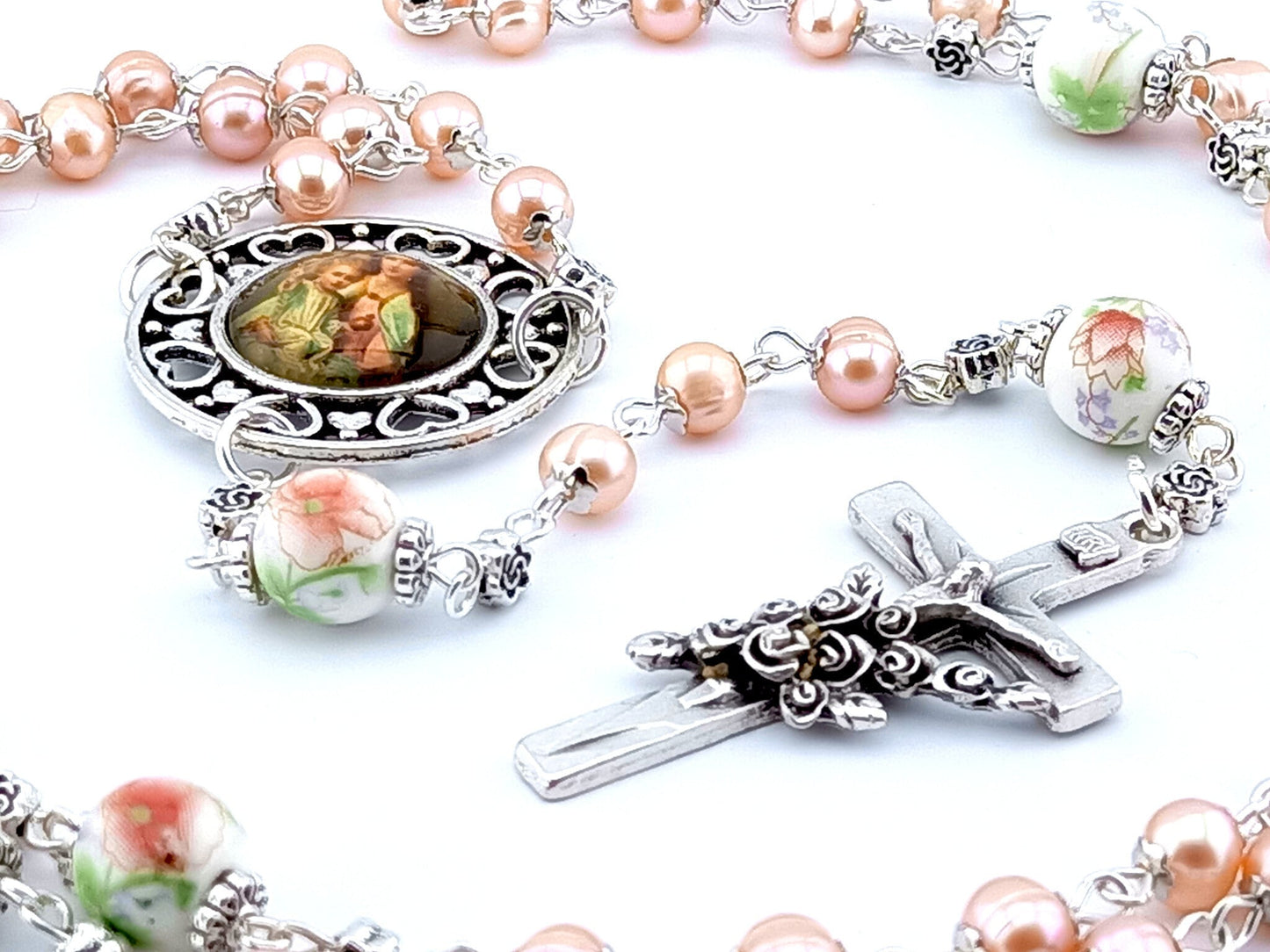 Mary and Child unique rosary beads with freshwater pearl beads, porcelain pater beads, silver crucifix and picture centre medal.