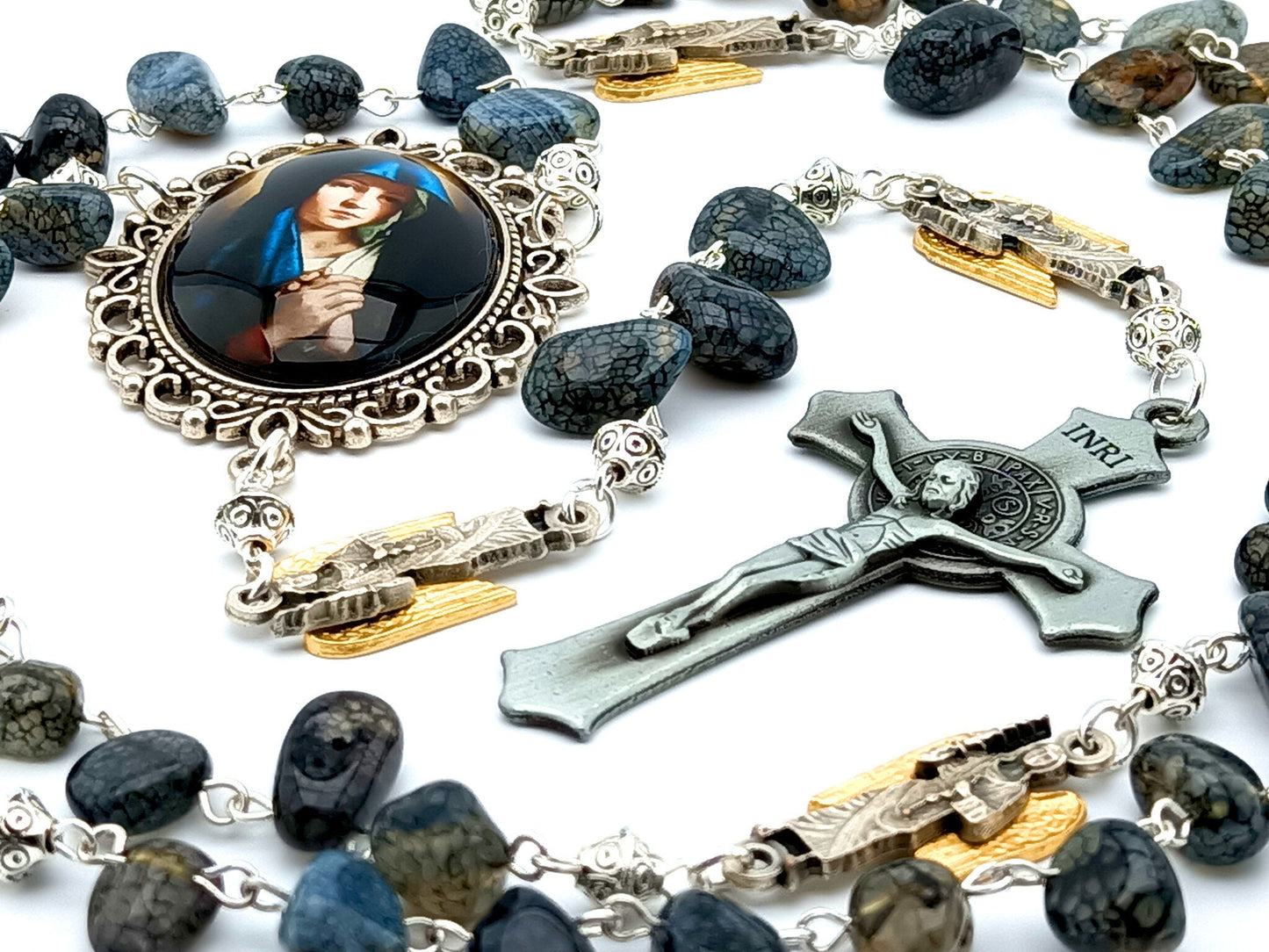 Our Lady of Sorrows unique rosary beads with quartz gemstone beads, pewter Saint Benedict crucifix, angel pater beads and large silver picture centre medal.
