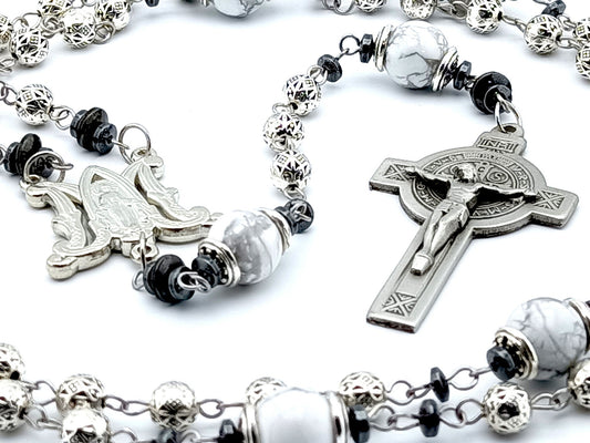 Saint Benedict unique rosary beads with silver metal beads, pewter Saint Benedict crucifix, silver miraculous medal centre and white gemstone pater beads.