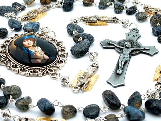 Our Lady of Sorrows unique rosary beads with quartz gemstone beads, pewter Saint Benedict crucifix, angel pater beads and large silver picture centre medal.