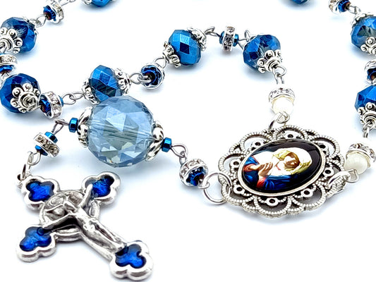 Our Lady of Sorrows unique rosary beads single decade rosary with silver blue and glass beads, silver and blue enamel crucifix and picture centre medal.