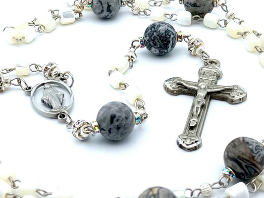 Miraculous Medal unique rosary beads with mother of pearl beads, agate pater beads, pewter centre medal and crucifix.