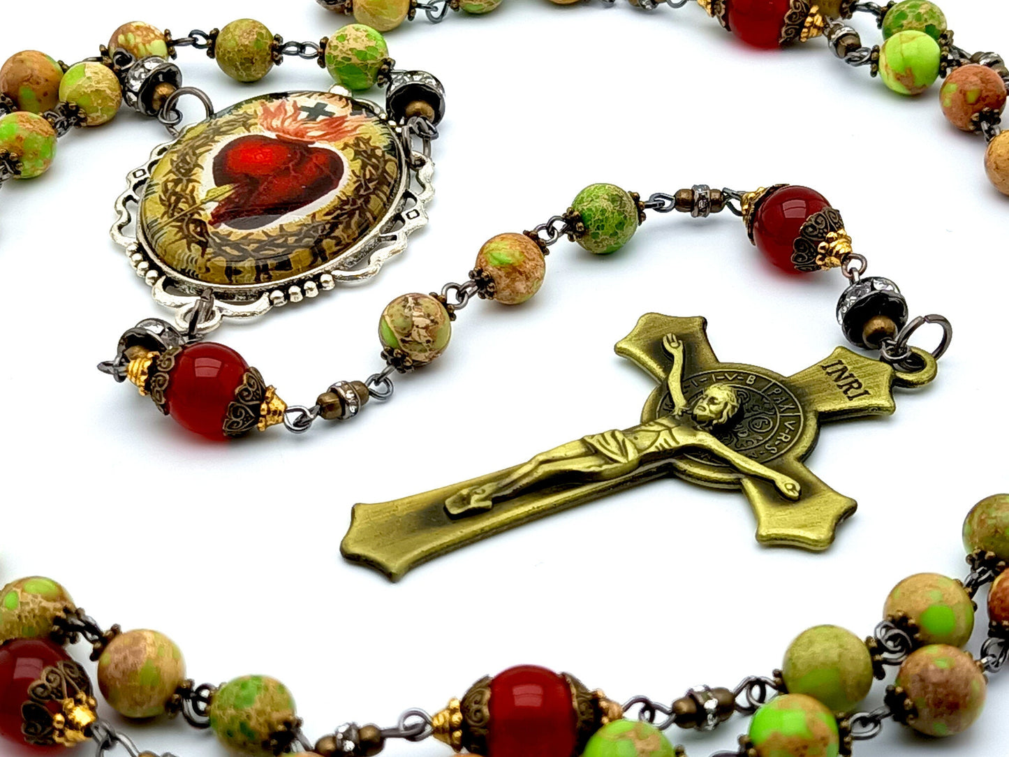 Sacred Heart of Jesus unique rosary beads with green jasper gemstone and ruby precious stone beads, brass Saint Benedict crucifix and large picture centre medal.