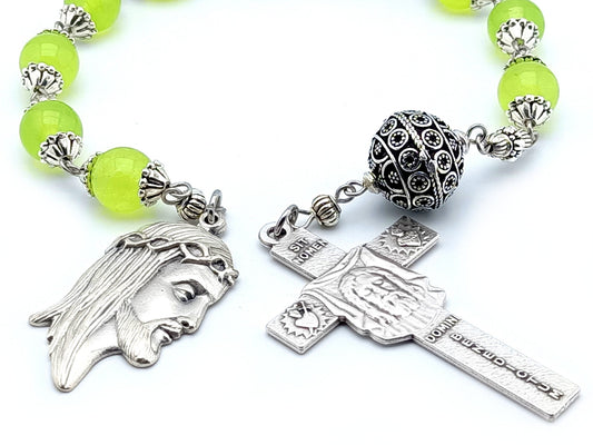 Holy Face of Jesus unique rosary beads single decade tenner rosary with peridot gemstone beads, silver pater bead, crucifix and Holy face medal.
