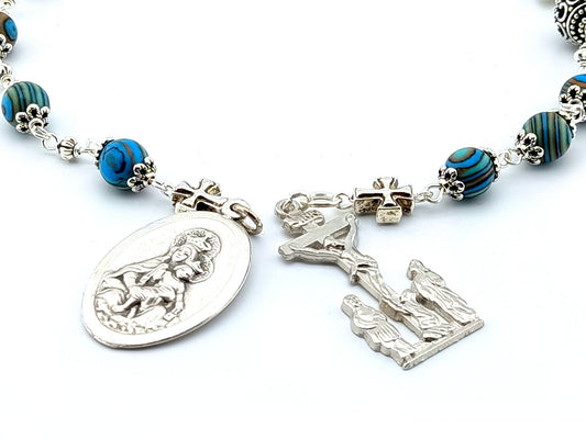Our Lady of Sorrows unique rosary beads servite dolor rosary prayer chaplet with malachite gemstone beads, silver crucifix, Our Lady of Mount Carmel medal and small picture medal.