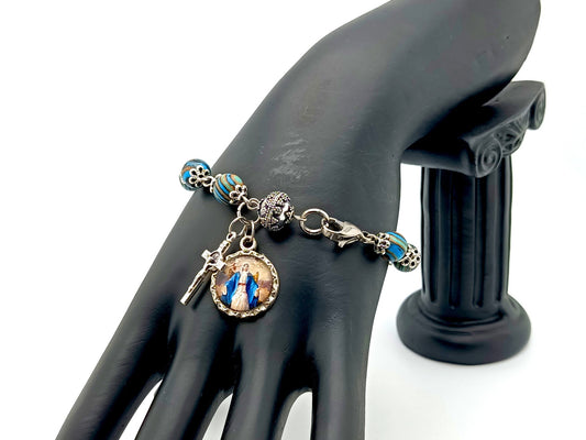 Our Lady of Grace unique rosary beads single decade bracelet with malachite gemstone beads, silver Saint Benedict crucifix and picture medal.
