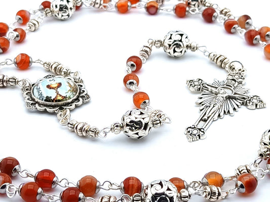 First Holy Communion unique rosary beads with red agate gemstone beads, silver pater beads, silver sunburst crucifix and picture centre medal.