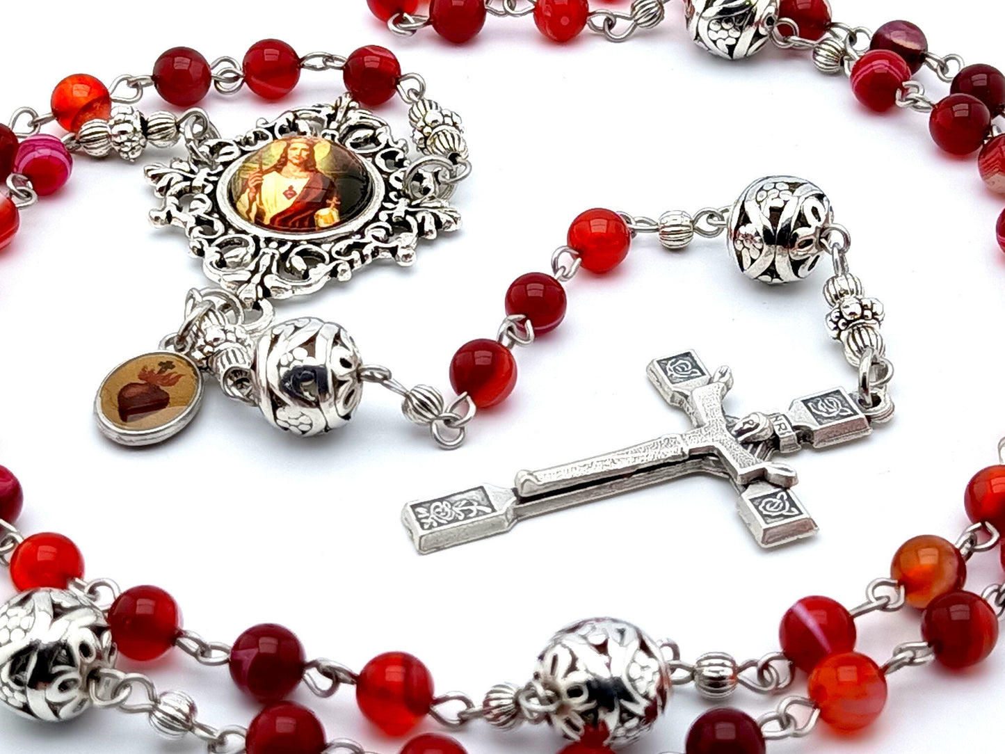 Sacred Heart unique rosary beads with red agate gemstone beads, silver pater beads, resurrection crucifix and picture centre medal.