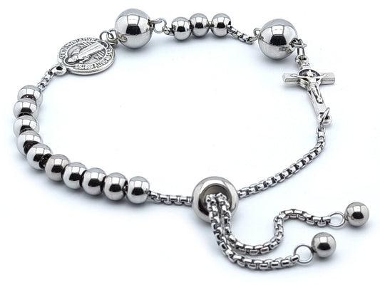 Saint Benedict unique rosary beads single decade rosary bracelet with stainless steel beads, silver plated linking crucifix and medal.