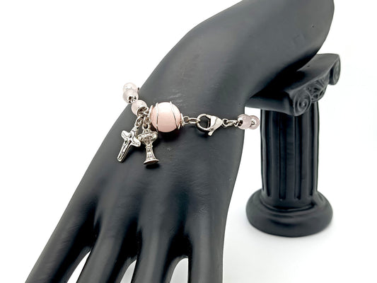 First Holy Communion unique rosary beads single decade rosary bracelet with rose quartz gemstone beads, silver chalice and sorrowful mother crucifix.