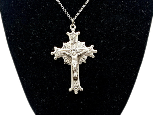 Unique rosary beads genuine 925 Sterling silver sunburst crucifix with solid sterling 925 silver chain.