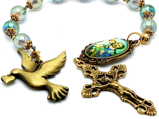 Holy Spirit and Saint Joseph unique rosary beads single decade rosary with translucent green gold glass beads, bronze crucifix, picture medal and Holy Spirit end medal.
