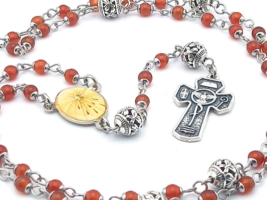 Holy Spirit unique rosary beads miniature rosary with red gemstone and silver beads, Holy Spirit crucifix and centre medal.
