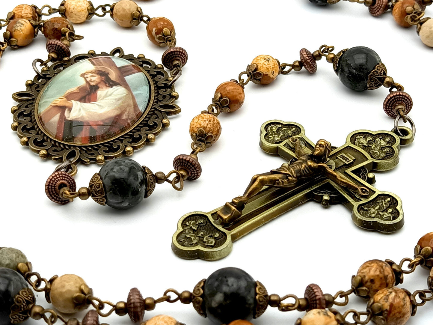 Way of the Cross unique rosary beads with natural gemstone beads, large twelve apostles crucifix and large picture centre medal.