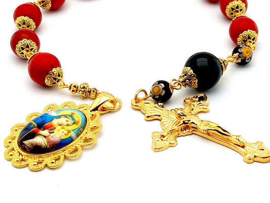 Our Lady of Perpetual Help unique rosary beads single decade rosary with red gemstone and onyx beads, golden sunburst crucifix and picture end medal.