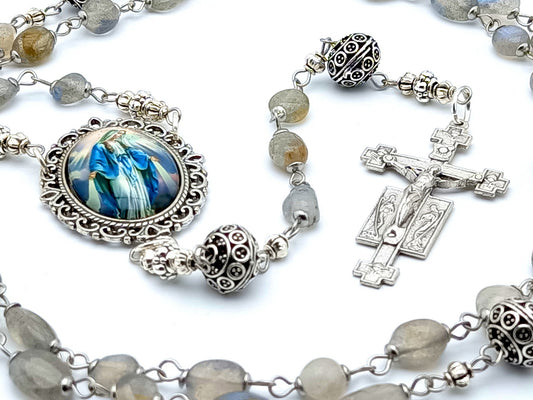 Immaculate Conception unique rosary beads with natural agate gemstone and silver beads, silver crucifix and large picture centre medal.