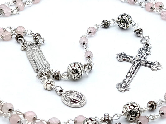 Saint Therese unique rosary beads with miniature pink opal gemstone beads, silver crucifix and centre medal.