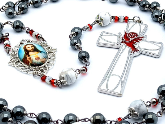 Sacred Heart unique rosary beads with hematite gemstone beads, silver and white enamel dove crucifix and picture centre medal.