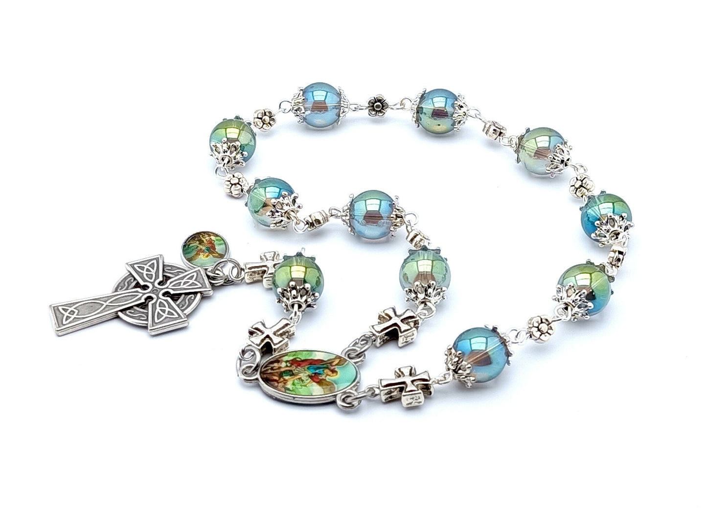 Saint Michael unique rosary beads single decade rosary with pale green and blue glass beads, silver cross detail, celtic crucifix and picture centre medal.