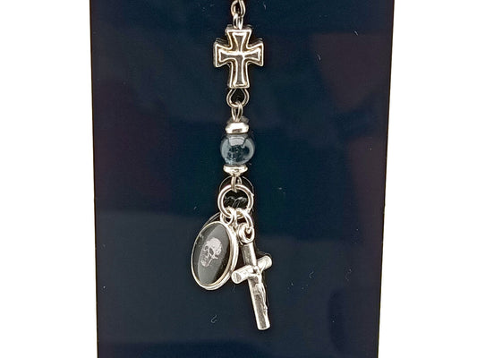 Memento Mori unique rosary beads purse clip with crucifix, medal and lobster clip.