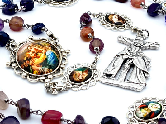 Virgin Mary unique rosary beads with multi coloured agate gemstone beads, silver two Marys crucifix picture pater beads and picture centre medal.